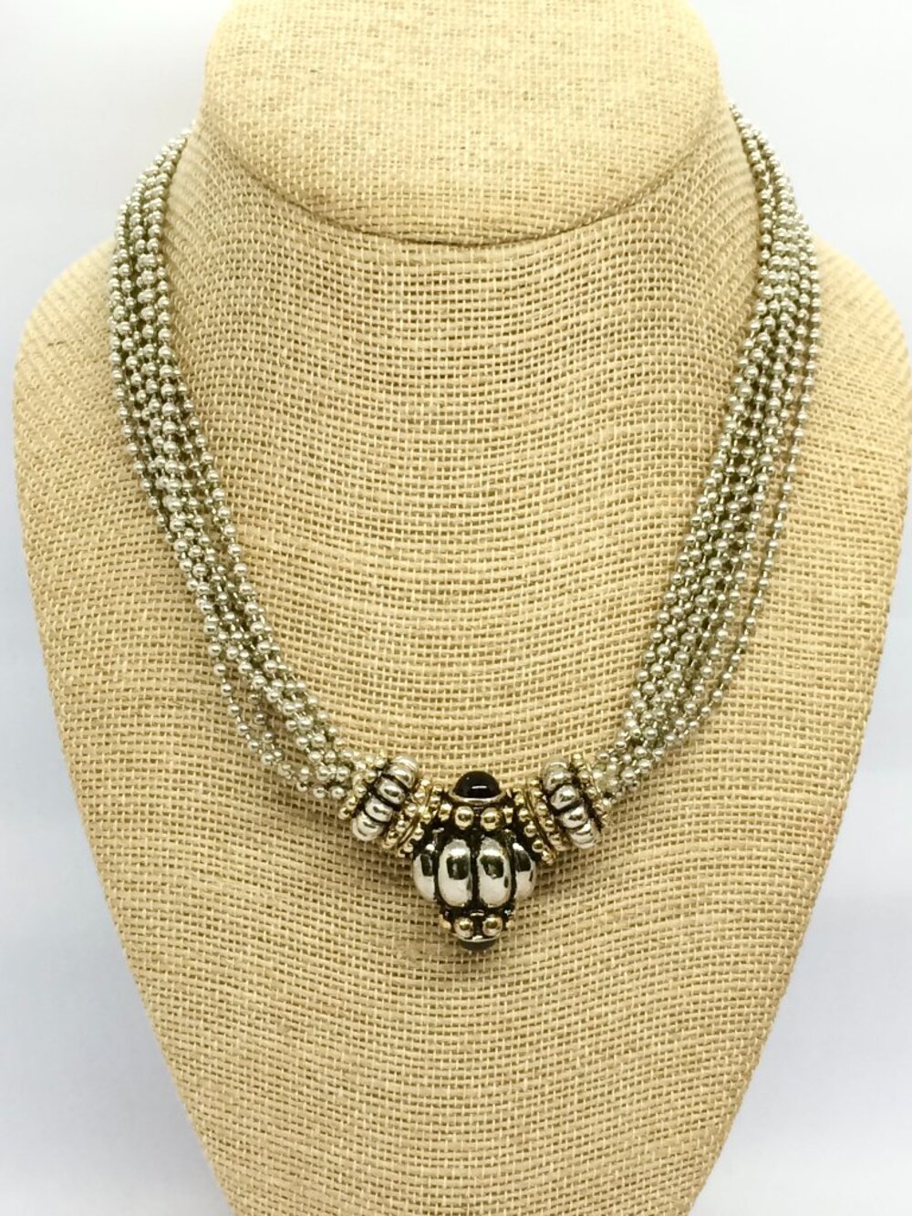 VINTAGE ETRUSCAN NECKLACE Silver Gold Tone Black Cabochon Multi Strand